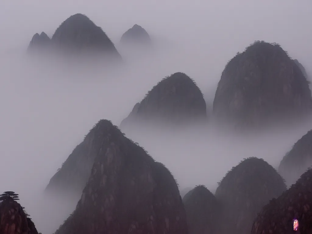 Prompt: chinese shanshui painting of huangshan on a foggy day by shenzhou 沈 周