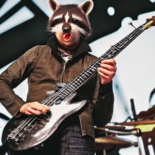 Prompt: racoon playing bass guitar and singing