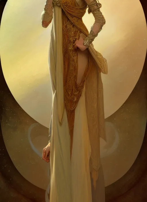 Image similar to character portrait of a modest woman, tall, feminine, powerful, modestly clothed, voluminous, intricate, elegant, highly detailed, digital painting, artstation, smooth, symmetrical, sharp focus, illustration, art by gaston bussiere and alphone mucha