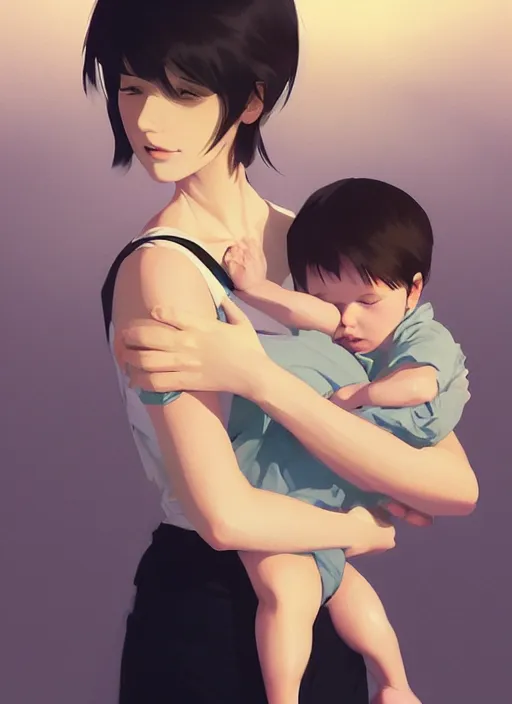 Prompt: a mother cradling her baby by ilya kuvshinov and cushart krentz and gilleard james