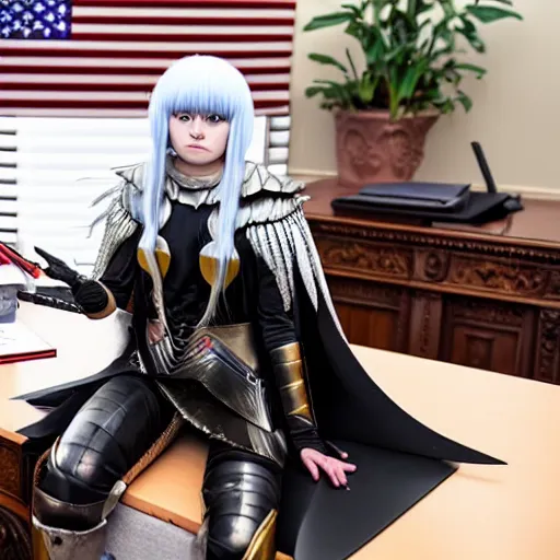 Prompt: a person cosplaying griffith from berserk by kentaro miura sitting at oval office desk with american flag