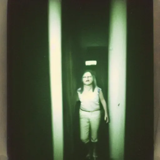 Image similar to a terrifying creature at the end of a hallway, dark!, creepy, nightmare fuel!!!, unsettling, uncanny valley!, old polaroid, expired film,