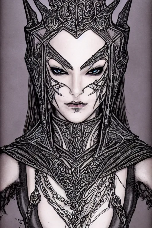Image similar to head and shoulders portrait of an eldritch knight, drow, dark elf, shadar kai, female, breastplate, magical, high fantasy, d & d, by beardsley, face details, extremely detailed, vogue fashion photo