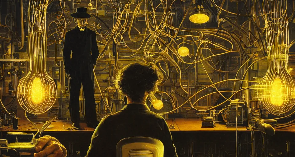 Image similar to nikolai tesla in his lab, electrical arcs, magical sparks, large glowing light bulbs, neon glow, highly detailed, digital art, intricate, dramatic lighting, retro futuristic, neon colors, cinematic, art by norman rockwell, greg rutkowski, james gurney, giger