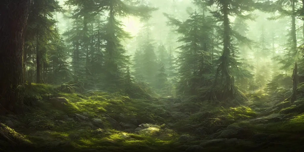 Prompt: a forest, highly detailed oil painting, Jessica Rossier, Studio Ghibli, digital art, octane render, beautiful composition, trending on artstation, masterpiece