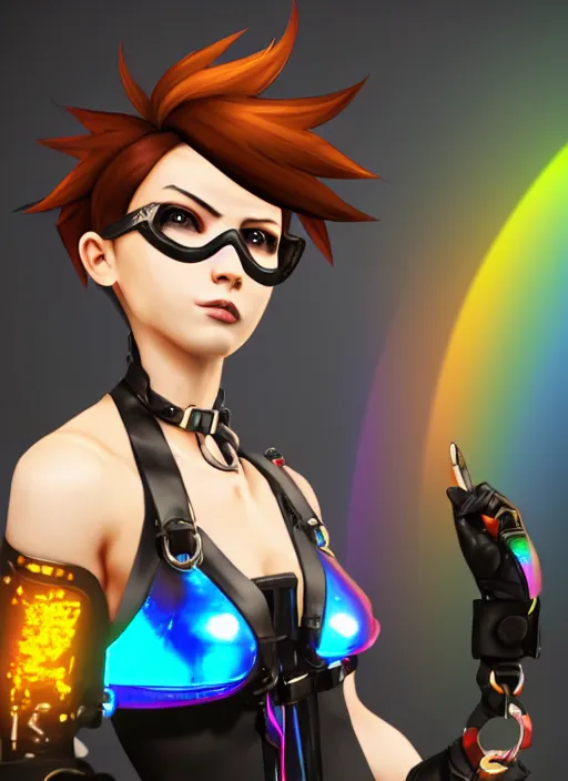 Image similar to full body digital artwork of tracer overwatch, wearing black iridescent rainbow latex tank top, 4 k, expressive happy smug expression, makeup, in style of mark arian, wearing detailed black leather collar, wearing chains, black leather harness, leather cuffs around wrists, detailed face and eyes,