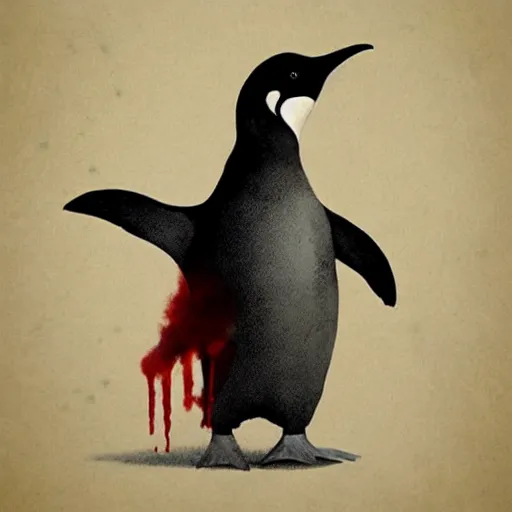 Image similar to oppressive penguin with blood on him, artistic illustration, concept art by nona limmen