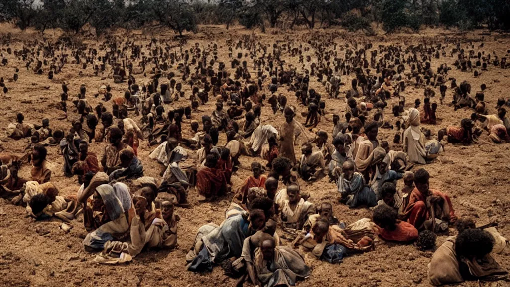 Prompt: 1984 Ethiopian famine and drought as seen on television, large-format photography, movie scene, illustrative, hd, 4k