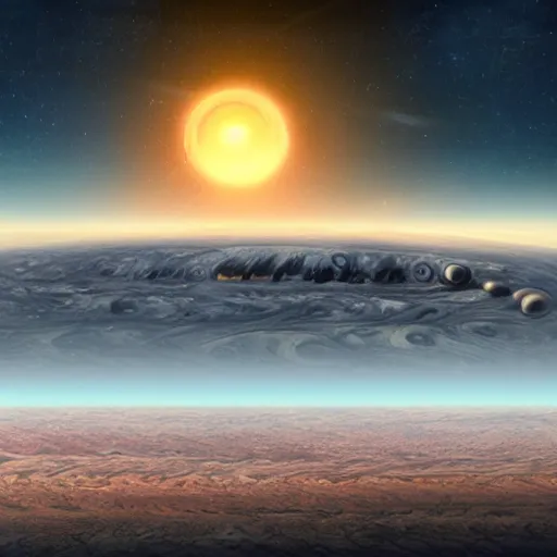 Image similar to sunrise from jupiter while an alien civilization is constructed in the background, matte painting