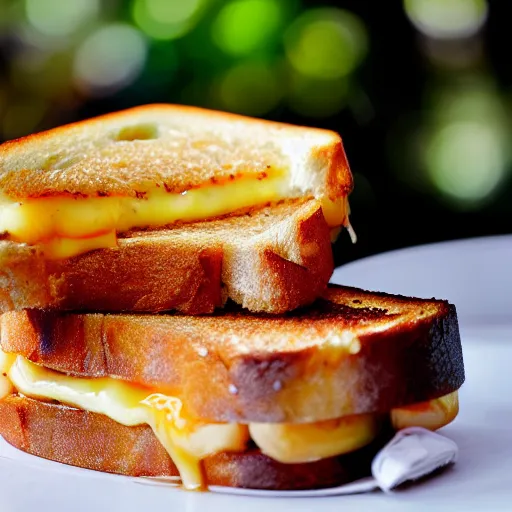 Prompt: A delicious grilled cheese on a plate, garnish, melted cheese, toasted bread, food photography, michelin star, mold, rot