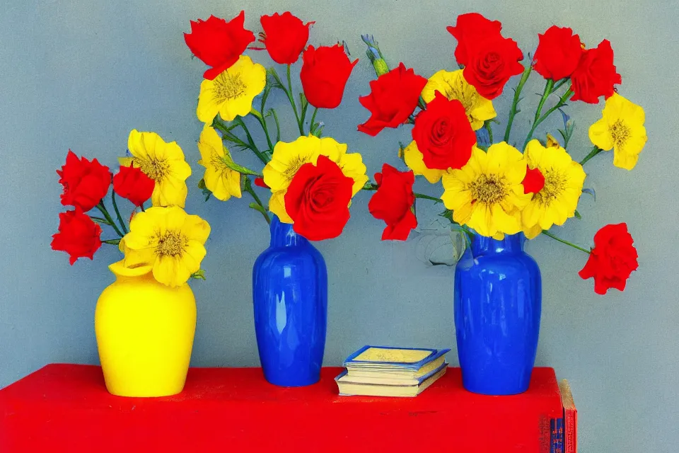 Image similar to red book and yellow vase with blue flowers, photo