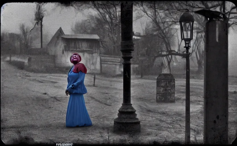 Image similar to a thin scary woman clown with scary face in torn clothes stands under a lamppost that shines a blue light on the clown, pitch darkness around the post, everything happens at night in an old Soviet village, the photo was taken from afar, Colourful, Cinematic, filmic, 35mm, dark atmosphere, horror, scary, Wildlife photography, Polaroid, bad quality