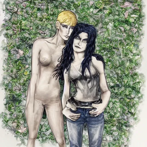 Image similar to stoic heroic emotionless blond butch tomboy woman, standing side by side with taller goth black - haired dark fae jennifer connelly, in love, romantic in romantic garden at night, mike mignogna, illustration, pen and ink, oil painting, highly detailed, sci fi, dreamy and romantic