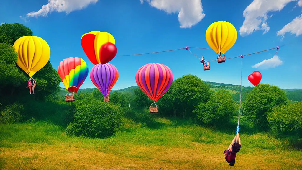 Image similar to large colorful balloons with people on rope swings underneath, flying high over the beautiful countryside landscape, professional photography, 8 0 mm telephoto lens, realistic, detailed, digital art, unreal engine