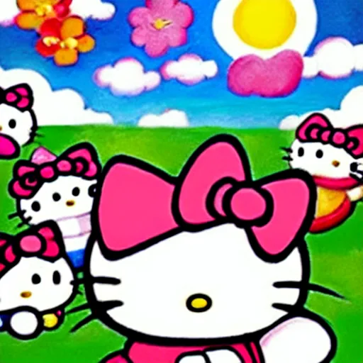 Image similar to painting of hello kitty and hello kitty friends and sanrio characters and playing outside on a sunny day, adventures of hello kitty and friends, by artgerm