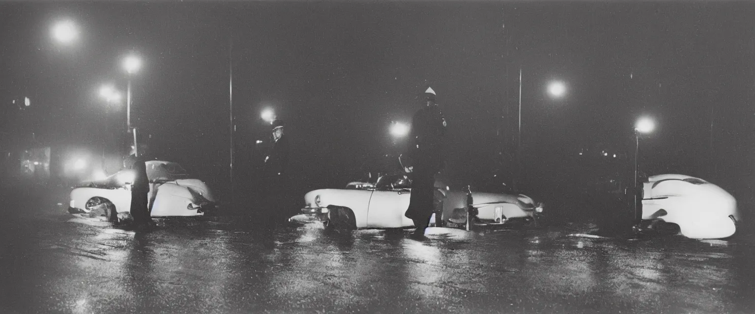 Prompt: weegee style photograph highly detailed of a a uniformed policeman circa 1 9 5 0 standing over a white body bag 1 9 5 5 police car in the rain at night lit by street lamps and headlights. behind the policeman