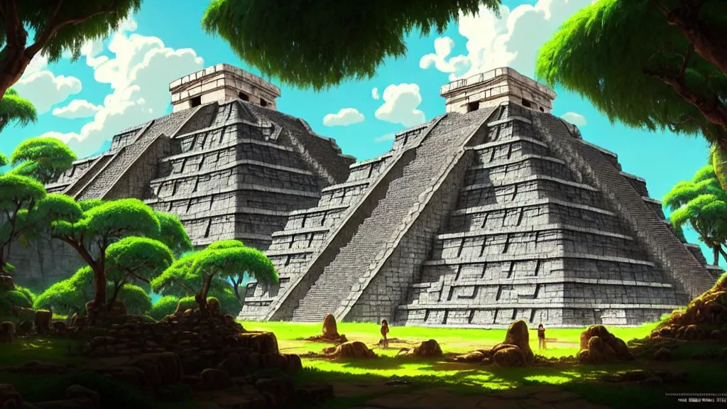 Image similar to ancient mayan ruins, studio ghibli, pixar and disney animation, sharp, rendered in unreal engine 5, highly detailed, digital painting, artstation, concept art, smooth, sharp focus, illustration, wide angle, artbook, wallpaper, splash art, promo art, dramatic lighting, art by artgerm and greg rutkowski and bo chen and jin xiaodi