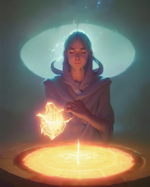 Image similar to highly detailed vfx portrait of a mage casting a light spell, unreal engine, greg rutkowski, loish, rhads, beeple, makoto shinkai and lois van baarle, ilya kuvshinov, rossdraws, tom bagshaw, alphonse mucha, global illumination, detailed and intricate environment