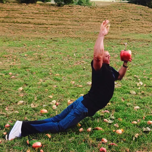 Prompt: a man doing the worm out of an apple