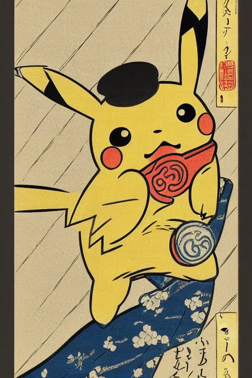 Prompt: Pikachu Pokemon, Japanese ukiyo-e ukiyo-ye woodblock print, by Moronobu