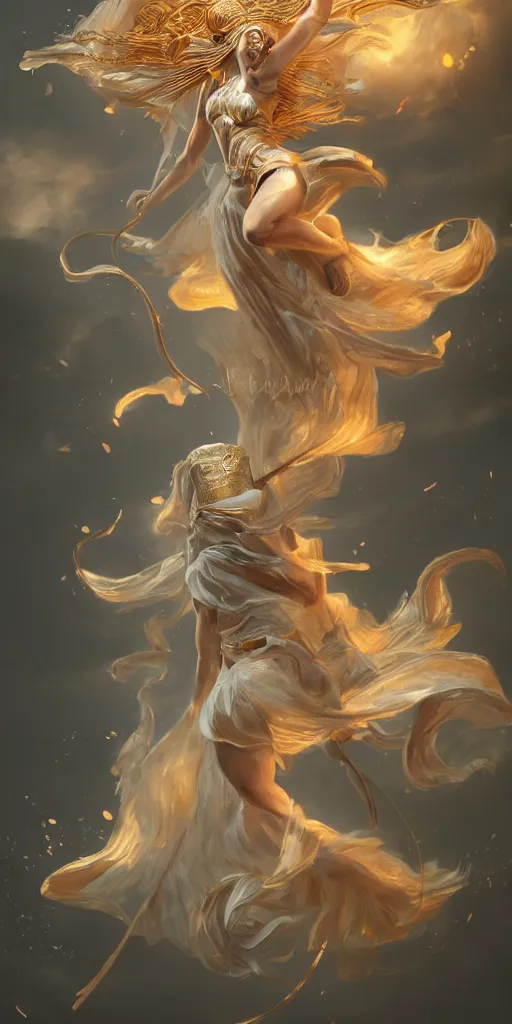 Prompt: goddess athena dancing in the wind, zodiac knight, beautiful, ethereal, gorgeous, volumetric lighting, elegant, fluid, highly detailed, digital painting, concept art, highly detailed, smooth, illustration, limited color palette, atmosphere and tension, trending on artstation