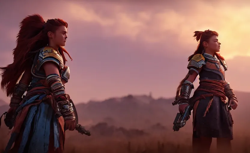 Image similar to unreal engine 5 render of aloy!, beautiful woman, space marine!, standing atop rise, sunset lighting, war silhouette in background hyper realism, realistic shading, cinematic composition, blender render, octane render, hdr, detailed textures, photorealistic, ultrawide shot, 1 6 mm lens