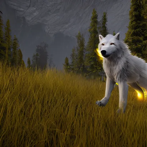 Prompt: silver haired yellow glowing eyes wolf, stalking a prey at night through the mountains. epic. unreal engine. 8 k.