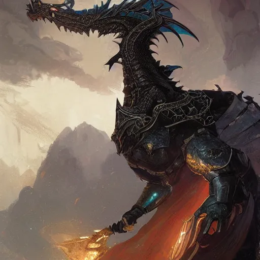 Image similar to digital art painting of and an anthropomorphic black dragon wearing armored wizard robes, dnd portrait painted by craig mullins and gaston bussiere and greg rutkowski