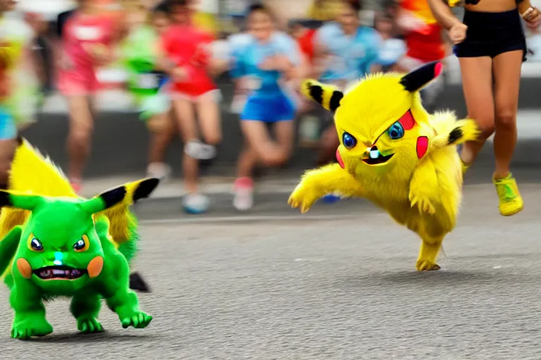 Prompt: Blanka and Pikachu running together, both on all fours