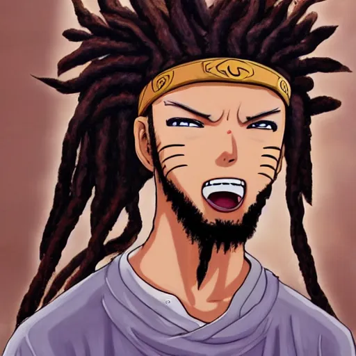 Prompt: a highly detailed painting of a boy with dreadlocks and a beard in the reality of naruto, he does a lot of mischief and dances with the other members of the animated series