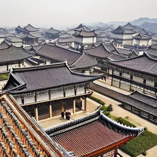 Prompt: joseon dynasty kingdom, architecture, beautiful, aerial view