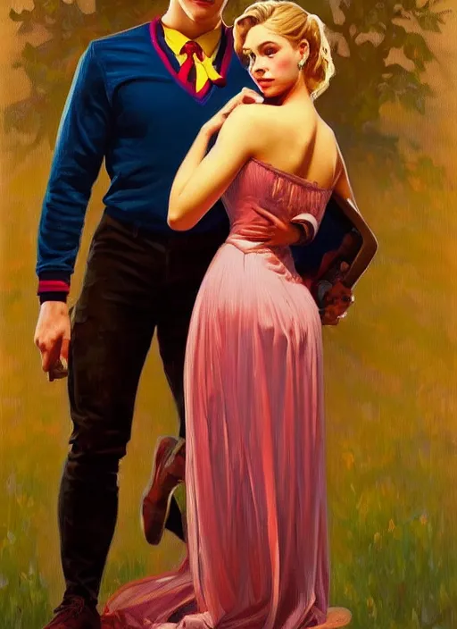 Prompt: oil painting of betty cooper and jason blossom, intricate, elegant, highly detailed, lighting, painting, artstation, smooth, illustration, art by greg rutowski and alphonse mucha