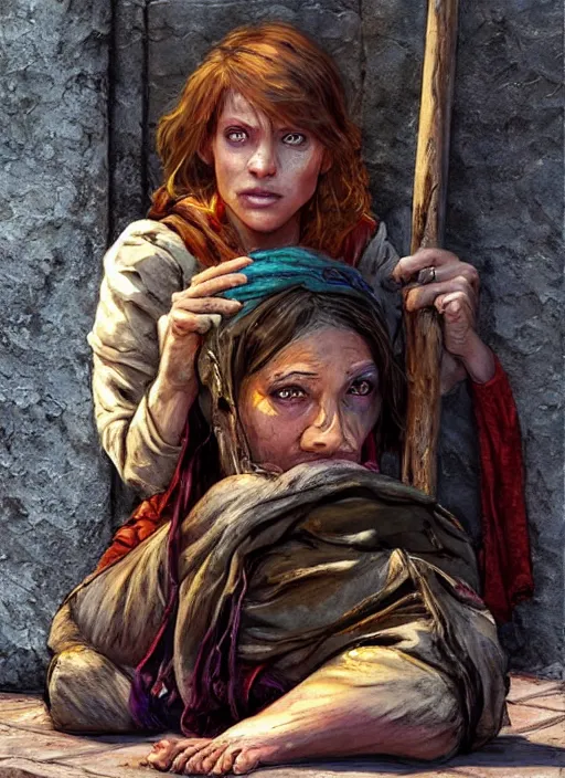 Prompt: female poor beggar on the streets unclean, ultra detailed fantasy, dndbeyond, bright, colourful, realistic, dnd character portrait, full body, pathfinder, pinterest, art by ralph horsley, dnd, rpg, lotr game design fanart by concept art, behance hd, artstation, deviantart, hdr render in unreal engine 5