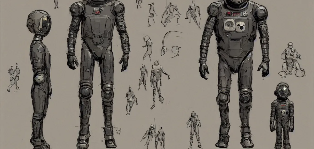 Image similar to male, full body, space suit with a modern helmet, large shoulders, short torso, long thin legs, tiny feet, character sheet, science fiction, very stylized character design, digital painting, by mike mignola, by alex maleev, jean giraud