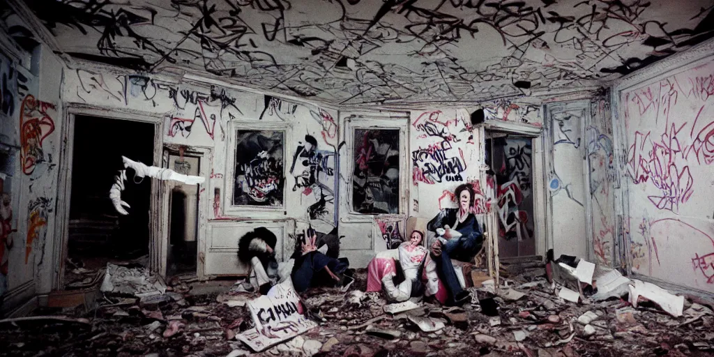 Image similar to polymer coneheads French band photoshoot inside abandoned dollhouse, 1980s surrealism aesthetic, detailed facial expressions, graffiti on the walls and ceiling