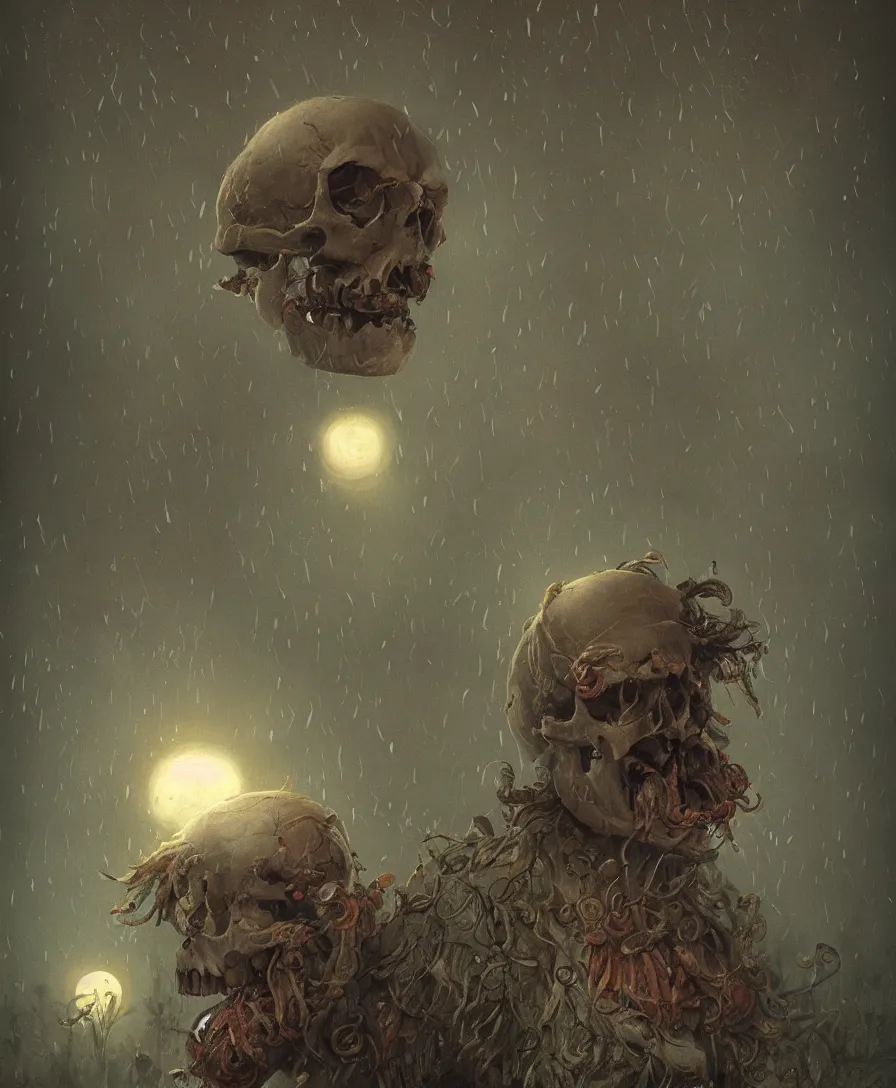 Prompt: portrait sad skull clown, raining, full moon, illustrated by Simon Stålenhag and Gaston Bussiere, beautiful volumetric lighting style atmosphere, intricate, ultra detailed, photorealistic, trending on artstation