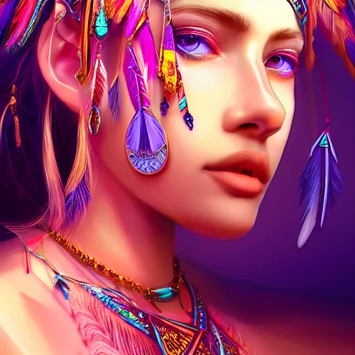 Image similar to portrait highly detailed beautiful symmetrical face high priestess intricate elegant detailed crystal jewellery with tribal feathers, lush colourful volumetric lighting, anime digital painting, concept art, smooth, sharp focus 3 d, divine realm of gods, realistic cinematic style, octane render, photographic, unreal engine 8 k