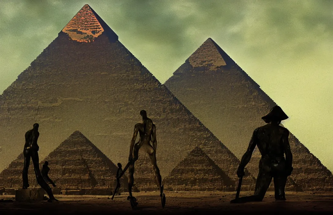 Image similar to the pyramid of figures is drawn together jan van der heyden result is a sophisticated interplay between warm, cool, light and dark colors. intact flawless ambrotype from 4 k criterion collection remastered cinematography gory horror film, ominous lighting, evil theme wow photo realistic postprocessing horrors of war futuristic painting by claude gellee