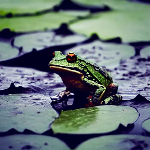 Image similar to dark clouds, close - up of a scared!!! frog in the pond with water lilies, shallow depth of field, highly detailed, autumn, rain, bad weather, ominous, digital art, masterpiece, matte painting, sharp focus, matte painting, by isaac levitan, asher brown durand,