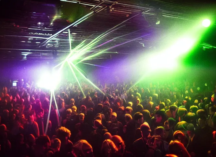 Image similar to satanic 90's underground warehouse rave, laser light show, large crowd, detailed photograph