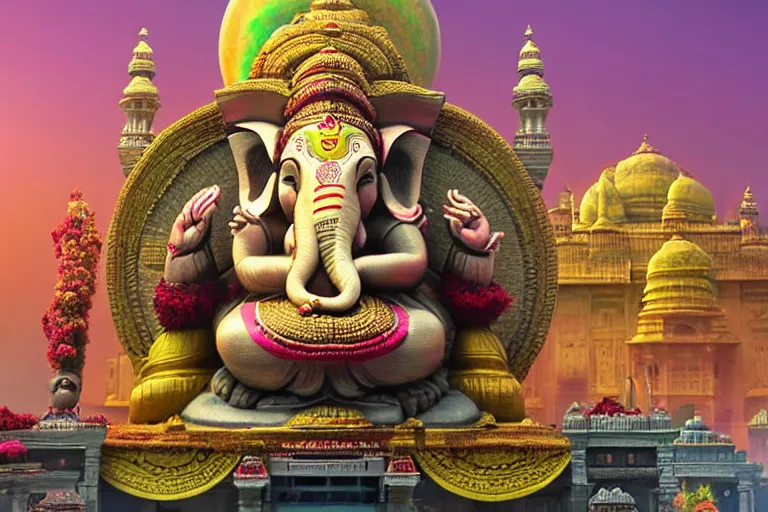 Image similar to beautiful futuristic new delhi, sharp sci - fi ganesha!! building, kalighat flowers, highly detailed cinematic, stephen shore & john j. park, soft morning light, wide shot, ground angle, uhd 8 k, shallow depth of field