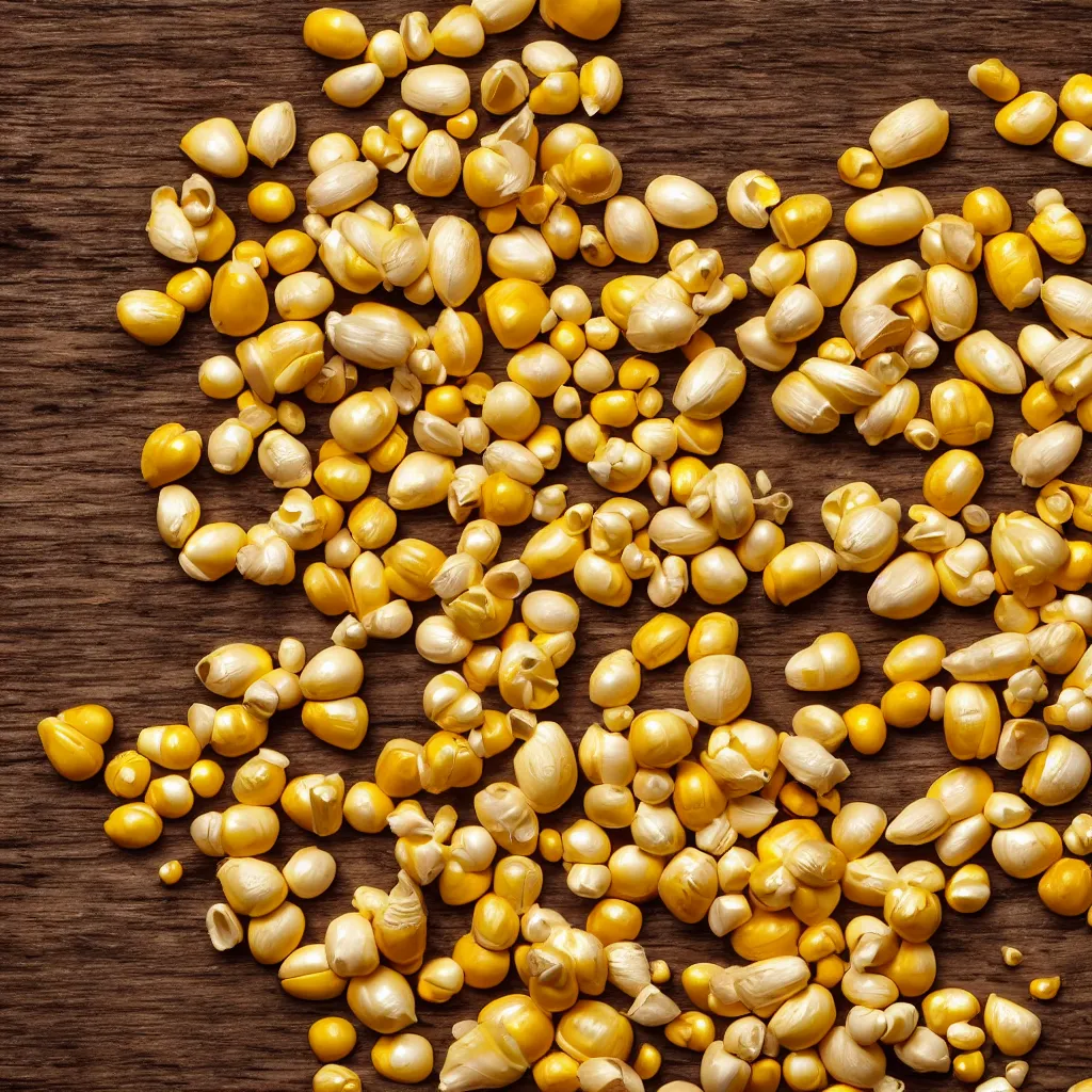 Image similar to close - up view of corn kernels on top of a wooden table, 8 k, high detail, photorealistic, proper shading