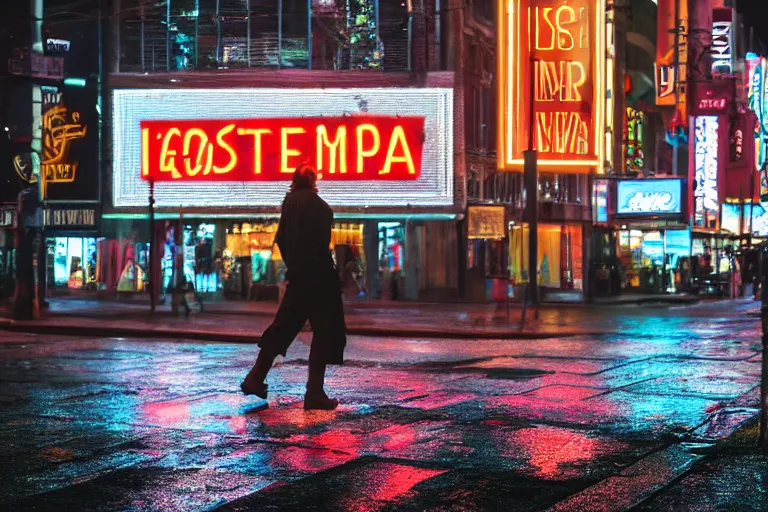 Image similar to a cinematic photograph of jesus walking through a utopian city street on a sunny day, rain falls, neon advertisement light up the street, ultra realistic, high definition