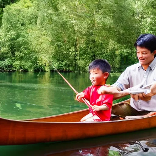 Prompt: Asian boy fishing with his father in canoe