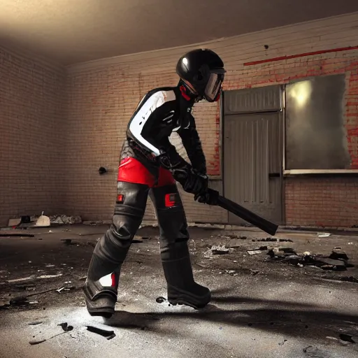KREA - Man wearing dark racing helmet with cracked visor, red hockey pads,  snowboots, leather jacket, black leather gloves, firing a comically large  minigun, in destroyed, abandoned, vibrant, suburban neighborhood. high  quality