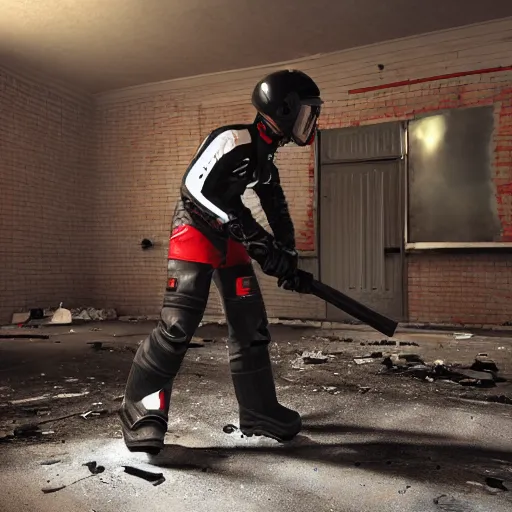 prompthunt: Man wearing dark racing helmet with cracked visor, red hockey  pads, snowboots, leather jacket, black leather gloves, firing a comically  large minigun, in destroyed, abandoned, vibrant, suburban neighborhood.  high quality, unreal