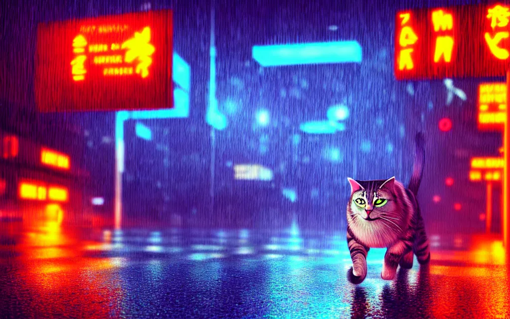 Image similar to cat running through heavy rain in a neon lit street at night by wlop, ultra detailed color art, high detail, digital art