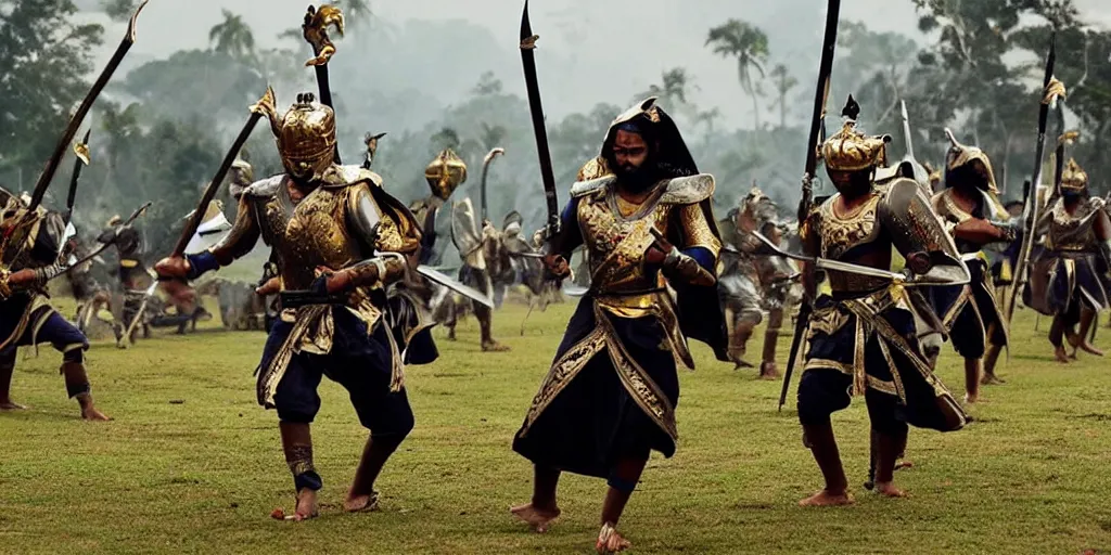 Prompt: sri lankan warriors with swords, film still, epic shot cinematography, rule of thirds, fantasy movie style