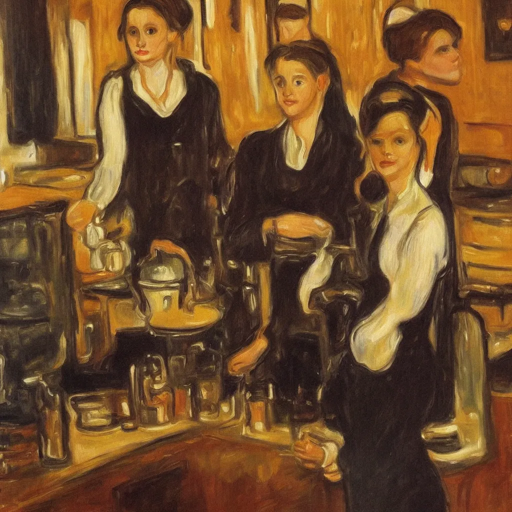 Prompt: a girl coffee barista stand in bar, oil on canvas, detailed, artwork by edvard munch