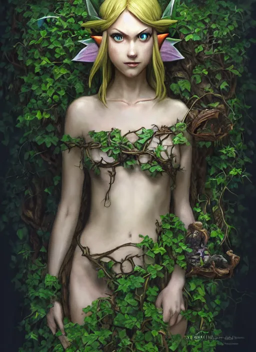 Image similar to beautiful full body portrait of the legend of Zelda ocarina of time great fairy, her body wrapped with ivy vines leaves and flowers, dark fantasy esoteric, D&D, fantasy, cinematic lighting, intricate, elegant, highly detailed, digital painting, artstation, concept art, matte, sharp focus, illustration, art by Artgerm and Tom Bagshaw and Greg Rutkowski and Alphonse Mucha